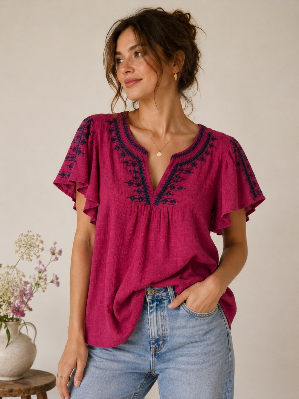 J.Jill Embroidered 100% Cotton Peasant Top Magenta Pink Flutter Sleeve Boho SP